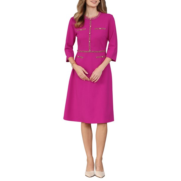 INSPIRE CHIC Vestido de línea A para mujer inspirado en el contraste de color para usar en el trabajo con adornos de tweed L Rosa Fucsia