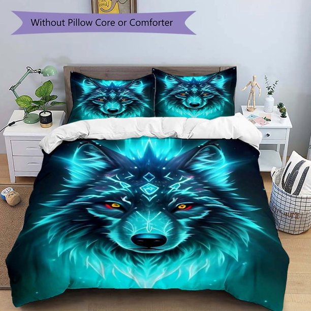 Set Featuring a Mystical Beast with Glowing Blue Fur Designed As a Cartoon-Themed Quilt Set for Bedroom Decor Includes One Cover And Two Pillowcases But No Comf