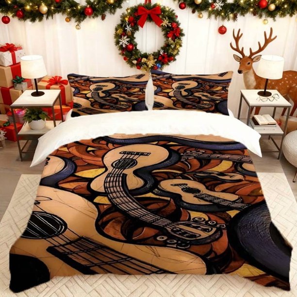 Guitar Art Painting Print Duvet Cover Set Bedding Soft Duvet Cover + 2 Pillowcases Suitable for Home Bedroom And Guest Room Holiday