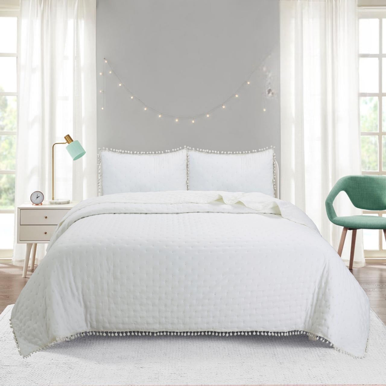 Top Lucky - Cubrecama De Algodon 2 Plazas Pompon Beige Claro