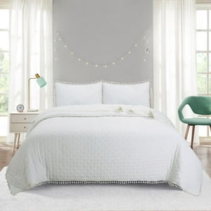 Top Lucky - Cubrecama De Algodon 2 Plazas Pompon Beige Claro