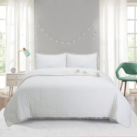 Top Lucky - Cubrecama De Algodon 2 Plazas Pompon Beige Claro