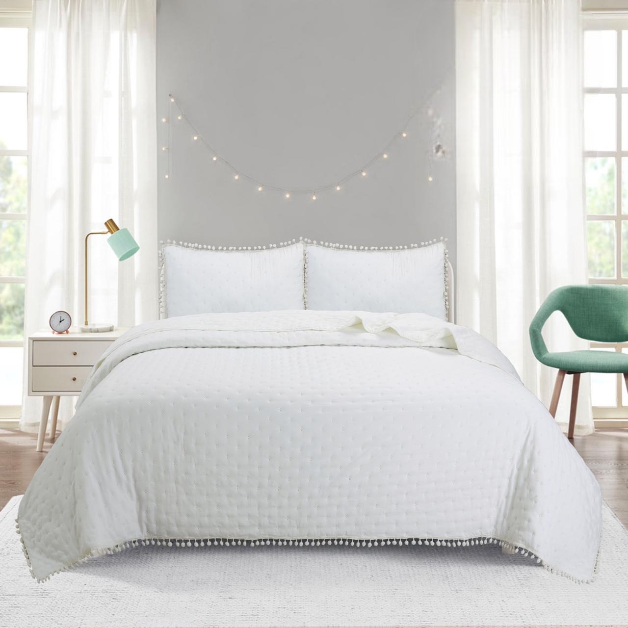 Top Lucky - Cubrecama De Algodon 2 Plazas Pompon Beige Claro