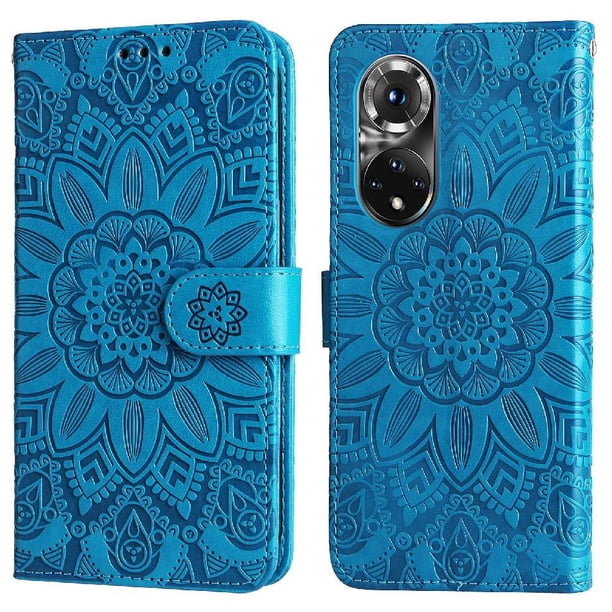 Funda tipo cartera FOXDOCK para Honor 50 Pro , diseño girasol en relieve, cuero PU, cierre magnético, soporte y tarjetero