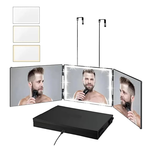 Espejo de 3 vías para corte de pelo automático con anillo de luz, espejo triple LED mejorado, espejo recargable 360 para herramientas de cabello, luz y altura ajustable