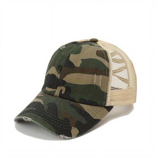 Unisex Washed Baseball Cap: Distressed Ripped Criss Cross Ponytail Hat - Adjustable Casual Style for Men & Women