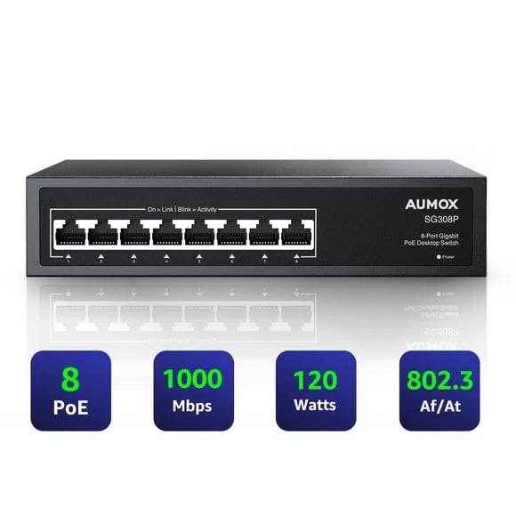 Conmutador Ethernet Aumox de 8 puertos Gigabit PoE con carcasa metálica de 120 W