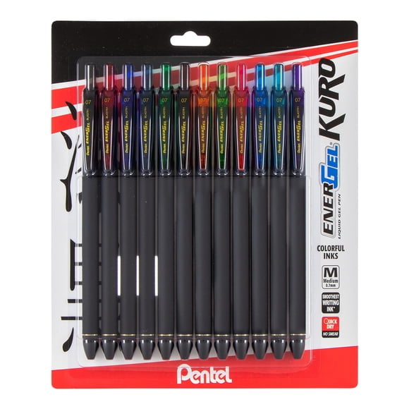 Bolígrafo de gel Pentel EnerGel Kuro, 0,7 mm, tinta mediana surtida, paquete de 12