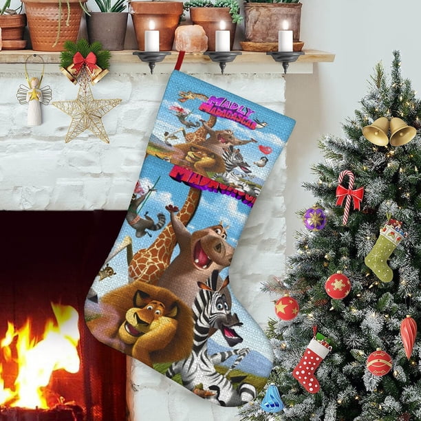 Madagascar Tema: Calcetines de Navidad, fino lino blanco para colgar en escaleras y chimenea, decoración navideña para el hogar, regalo de Navidad. 45cm × 32cm