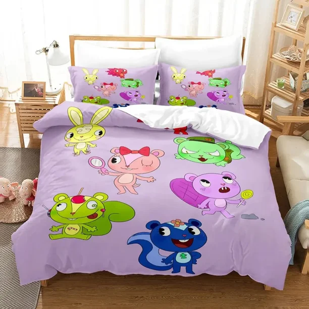 v2929 Bed Sheets Happy Tree Friends Anime Duvet Cover Set for Boys Bedroom Single Twin Full Queen King Size Quilt Cover Pillowcase 3-Piece Bedding Set (1 Duvet Cover + 2 Pillow Shams) Bed Sheets ju29