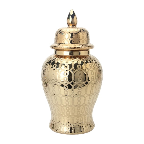 Tarro de jengibre de cerámica, jarrón de cerámica con tapa, tarro de jengibre de pieza central, jarrones de decoración de arreglos florales, macetas Dorado