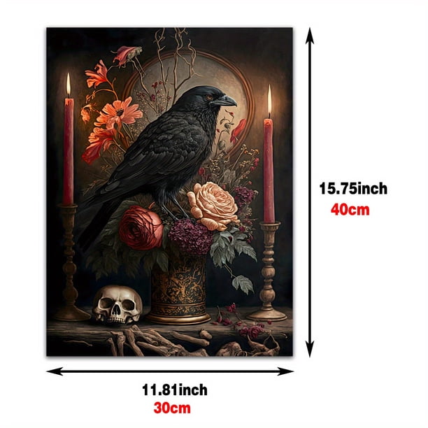 1pc Gothic Crow Raven Skull Flowers & Candles Canvas Wall Art for Home Decor - Abstract Art Painting with Vibrant Colors - Perfect for Bathroom, Bedroom, Office, and Living Room - No Frame Needed