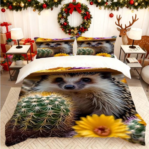 Hedgehog with Floral Hat Printed Duvet Cover Set Includes Soft Duvet Cover + Two Pillowcases Skin-friendly and Breathable Suitable for Home Bedrooms/guest Rooms