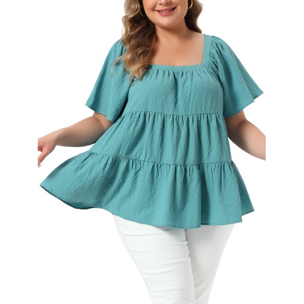 Agnes Orinda Blusas de Verano Casual Babydoll de Talla Grande para Mujeres con Cuello Cuadrado Texturizado, Manga Corta, Estilo Flowy, Peplum, para Escuela, Universidad y Pascua 1X Azul Lago