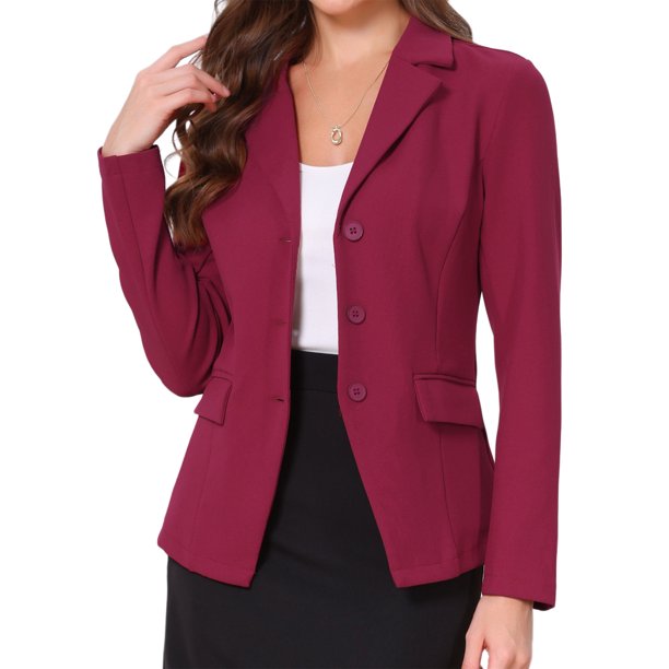 INSPIRE CHIC Blazers para Mujeres Casual de Negocios Manga Larga Bolsillos Cuello con Solapa Chaquetas de Traje Oficina Trabajo Blazer M Vino Rojo