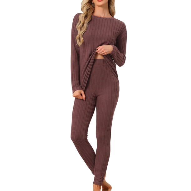 INSPIRE CHIC Conjuntos de Pijama para Mujer Tejido de Canalé Manga Larga Top Pantalones Conjunto Casual de Salón Conjunto de Dos Piezas Conjuntos a Juego Ropa de Dormir 2XL Marrón