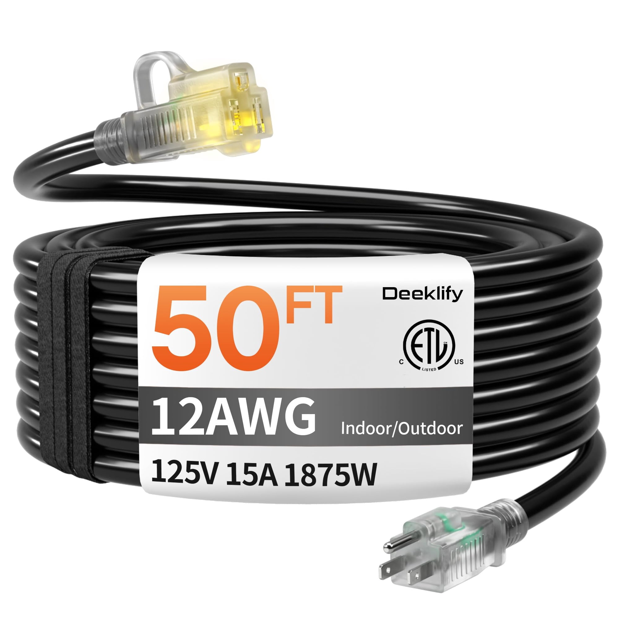 Cable De Alimentación Deeklify De 15 A, 1875 W, 50 Pies, Calibre 12, Impermeable