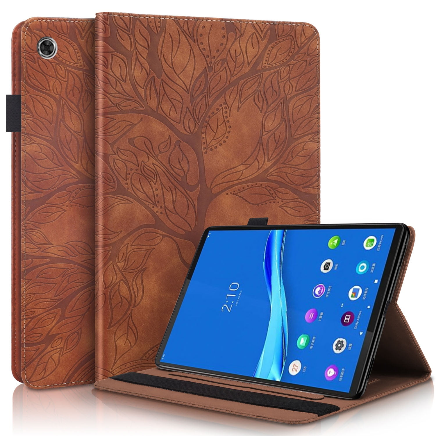 Foxdock - Funda Con Relieve Del Árbol De La Vida Para Tablet Lenovo Tab M10 Plus Con Soporte, Ranuras Para Tarjetas Y Soporte Para Lápiz Óptico. Marrón