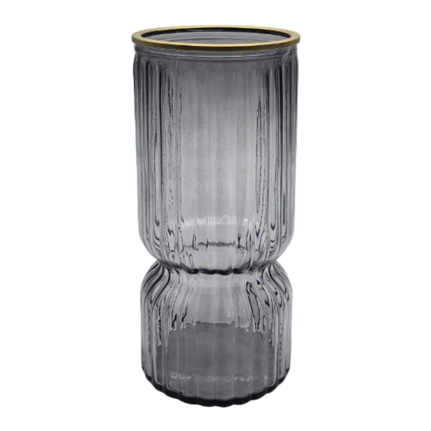 Fliperex - Florero Decorativo De Vidrio Con Diseño Borde Dorado Gris Gris