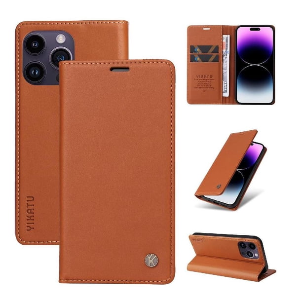 Funda Billetera de Cuero para iPhone 15 Pro Max con Tarjetero y Soporte - Tapa Magnética Marrón