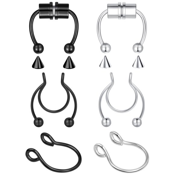 Set de aros de nariz falsos VELCARE 6 piezas 8 mm 20G plateado/negro