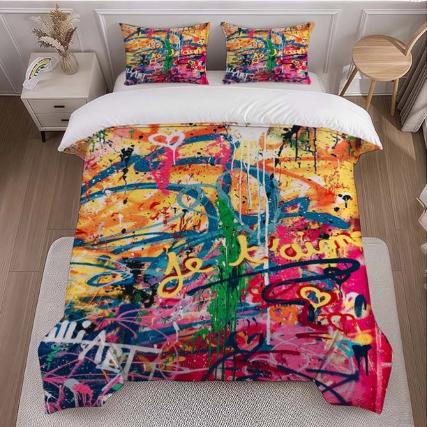 3pcs Abstract Graffiti Art Themed Bedding Set (Duvet Cover And Pillowcase Set). Soft And Comfortable Suitable for All Seasons