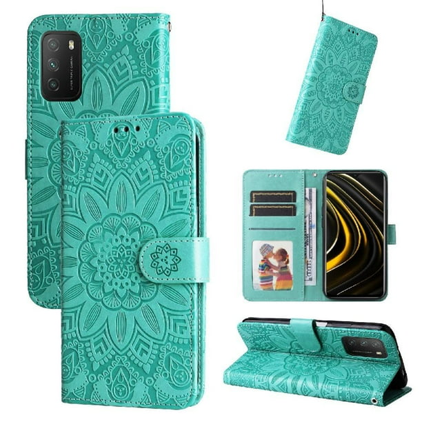 Funda tipo cartera FOXDOCK para Xiaomi Poco M3 , diseño girasol en relieve, cuero PU, cierre magnético, soporte y tarjetero