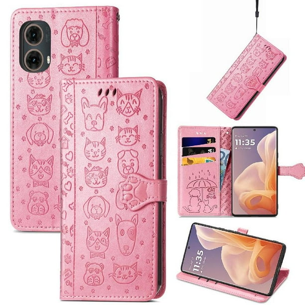 Funda Cartera FOXDOCK para Motorola Moto G45 , Flip PU con Relieve de Gatos y Perros, Tarjetero y Soporte