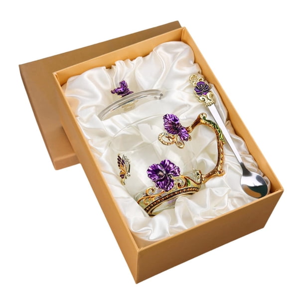 Taza de café de cristal esmaltada, taza de té, taza de agua, Navidad con tapa, taza para beber, para cumpleaños, aniversario, mamá, Día de la madre, Violeta