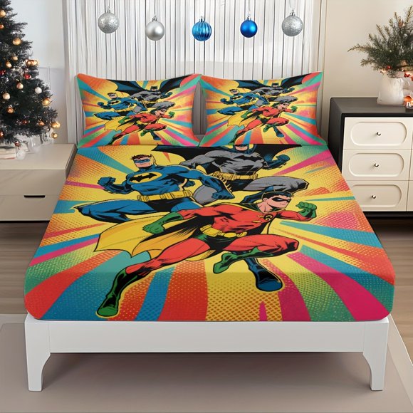 & Robin Gotham City Justice Guardian Pattern Fitted Sheet Set elastic design for a perfect fit on mattresses with deep pockets sui