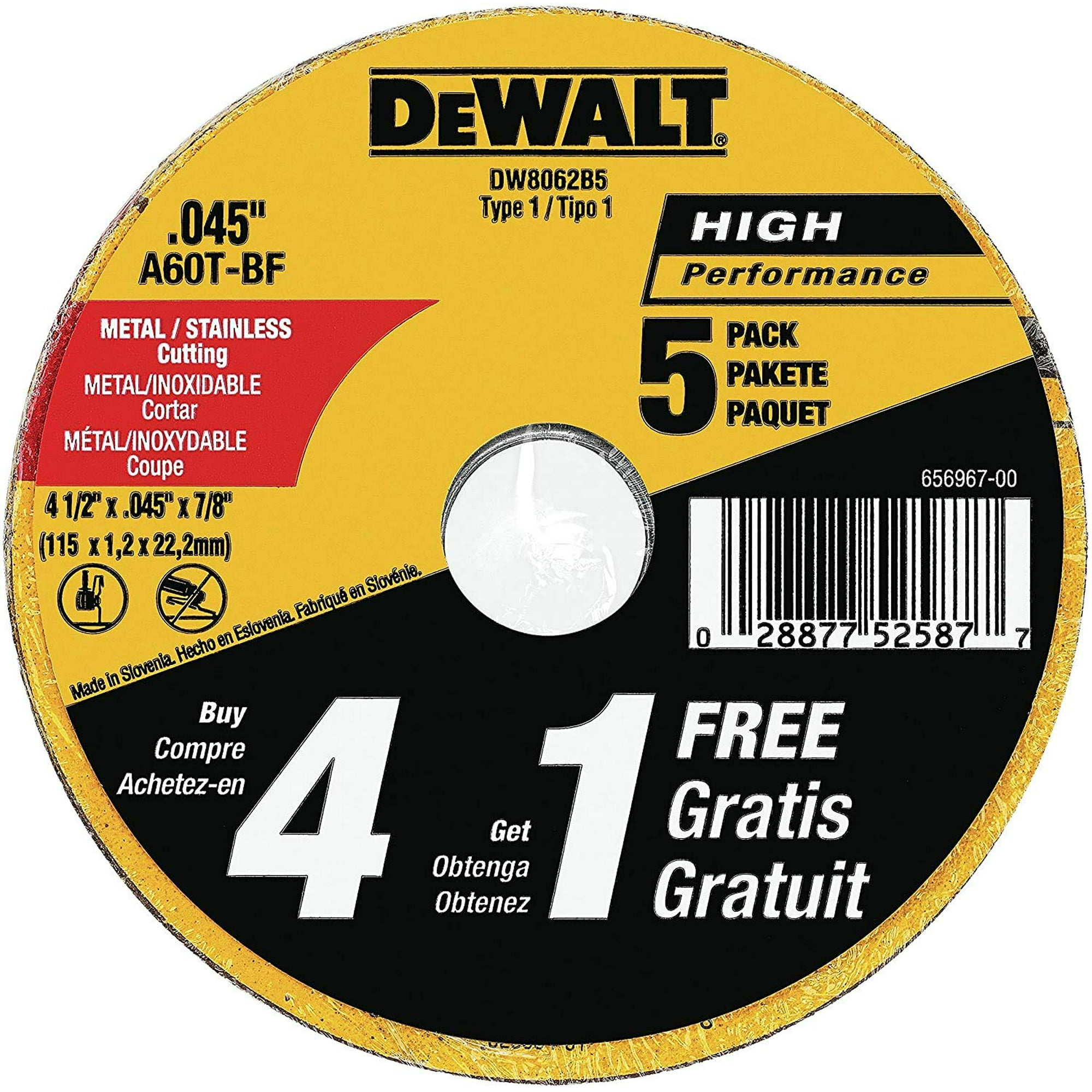 Disco De Corte Dewalt De Uso General Para Metal, 4.5 Pulgadas, Paquete De 5