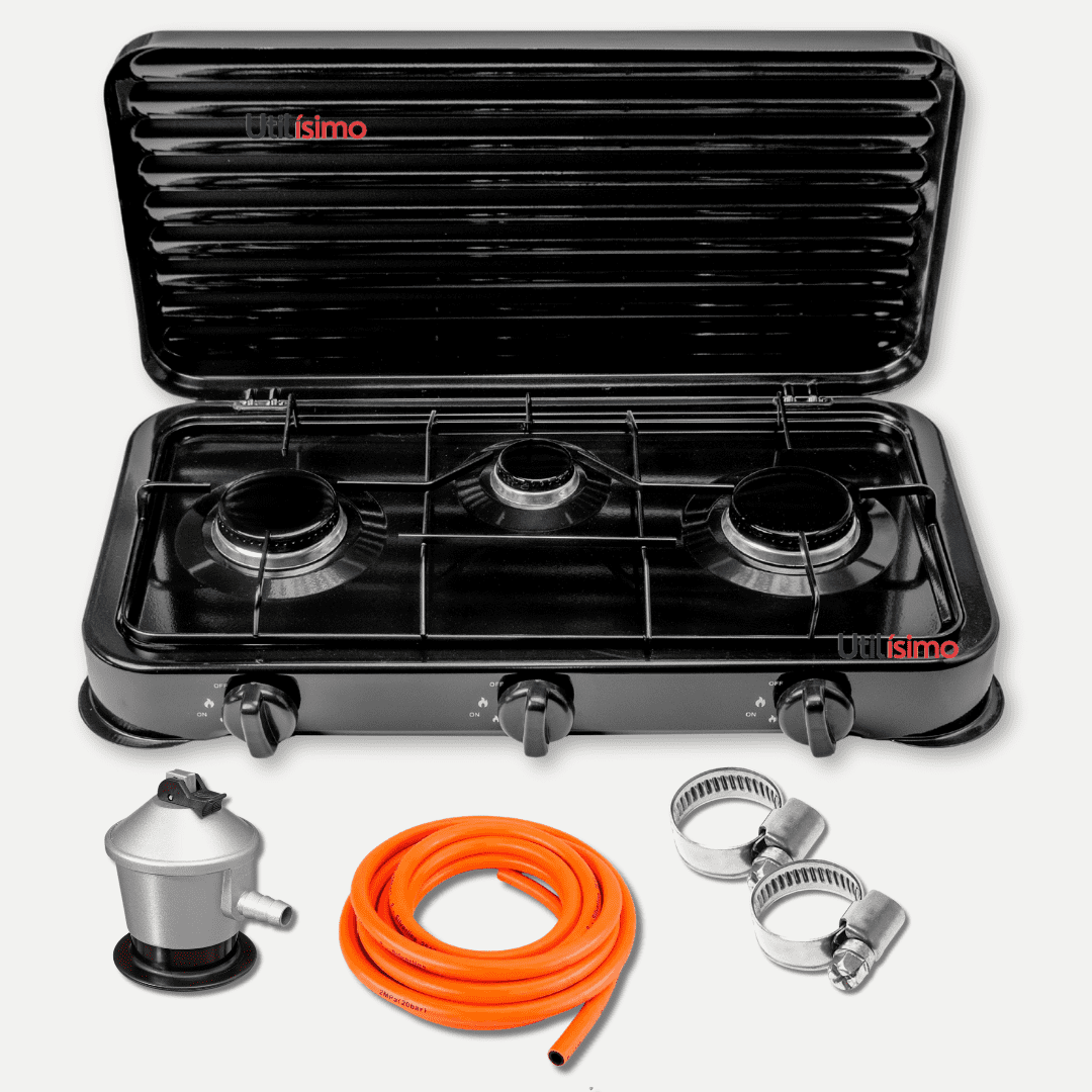 Line - Cocina Encimera A Gas Licuado 3 Platos + Kit De Instalación Cocinilla Negro