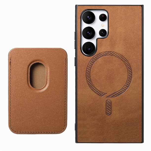 Funda de Cuero Magnética con Tarjetero para Samsung Galaxy S24 Ultra Cubierta Delgada Marrón