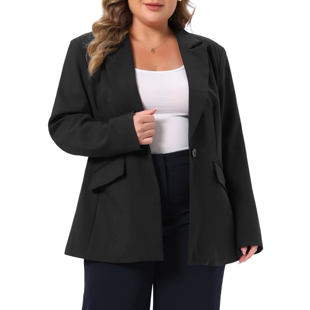 Agnes Orinda Blazer Casual de Negocios para Mujer Talla Grande, Solapa de Muesca, Botonadura, Manga Larga, Bolsillo con Solapa, Traje de Trabajo 4X Negro