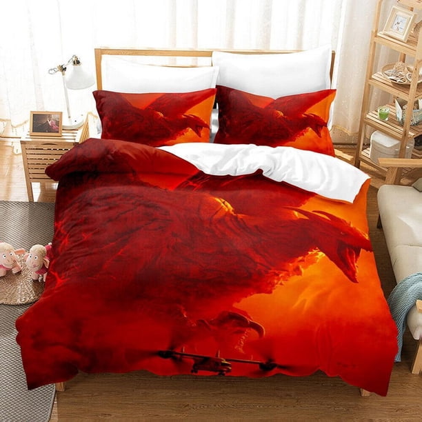 Godzilla Fighting Dragon 3 Quilt Duvet Cover Set Bedspread Bedroom Decor3-Piece Bedding Set (1 Duvet Cover + 2 Pillow Shams)