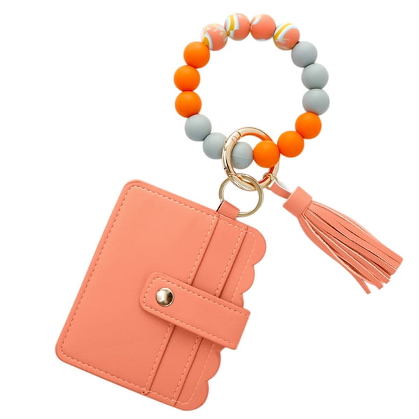 Pulsera llavero billetera, llavero de silicona con cuentas, llavero con borla y tarjetero para mujer