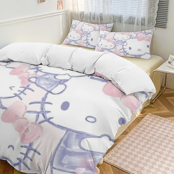 Cute Hello Kitty Thickened Three-piece Bed Set Cartoon Pillowcase Anime Quilt Cover Bedroom Hotel Theme House Vacation Home Holiday Anniversary Gift