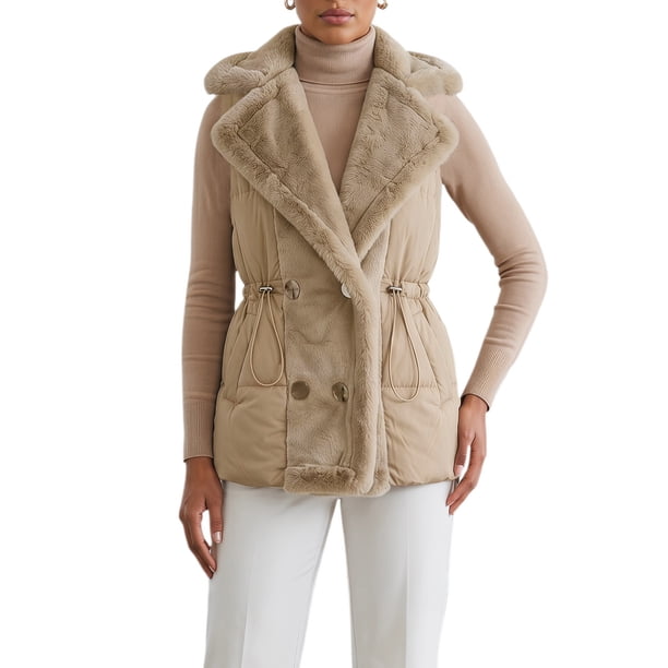 INSPIRE CHIC Chaleco Acolchado para Mujer con Acolchado de Peluche, Cuello con Solapa, Doble Botonadura, Pequeño Caqui