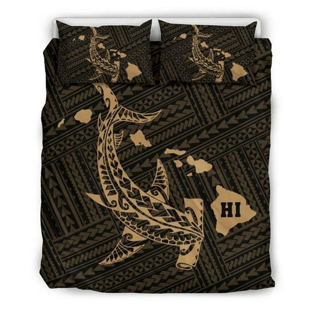 Mapa Hawaiano Hamerhead Tiburón Polinesio Juego De Cama Dorado
