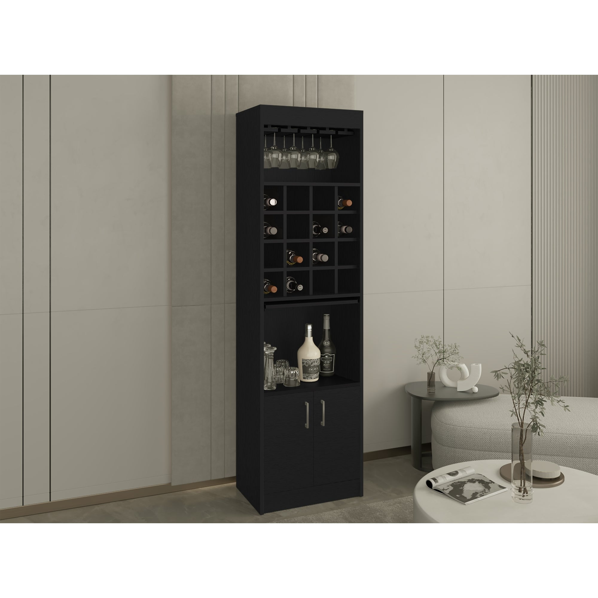 Tuhome - Bar Alto Kava Beijing 16 Botelleros Con Portacopas Y Repisa Extraible 180,6x51x34 Cm