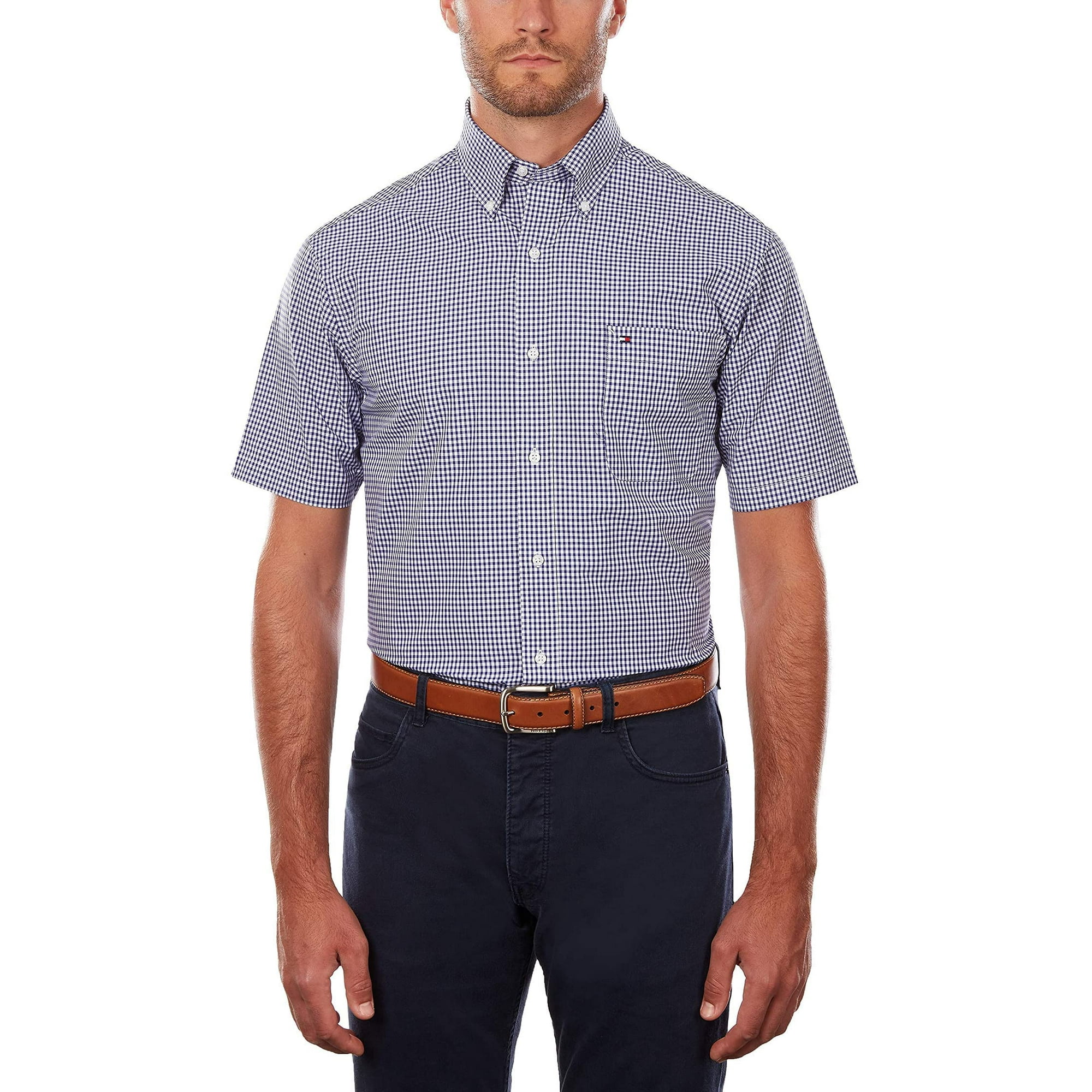 Camisa Tommy Hilfiger Para Hombre, Manga Corta, Abotonada, Azul