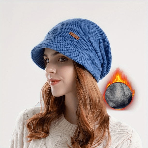 1PCS Winter Beanie Hats With Short Brim, Thermal Knitted Textured Fleece Ski Baggy Winter Hat Skiing Cycling For Women