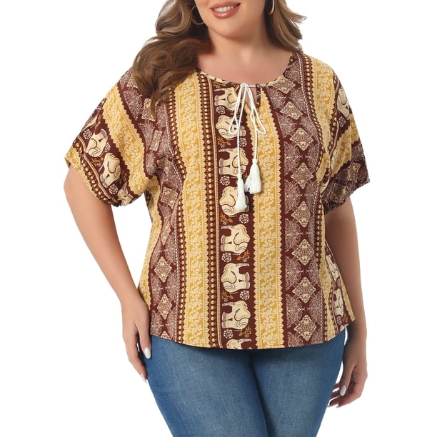 Agnes Orinda Blusas Casuales de Talla Grande para Mujer, Tops de Verano para Escuela y Universidad, Boho con Cordón y Borlas, Cuello en V, Manga Corta, Estampado Floral, 4X Marrón