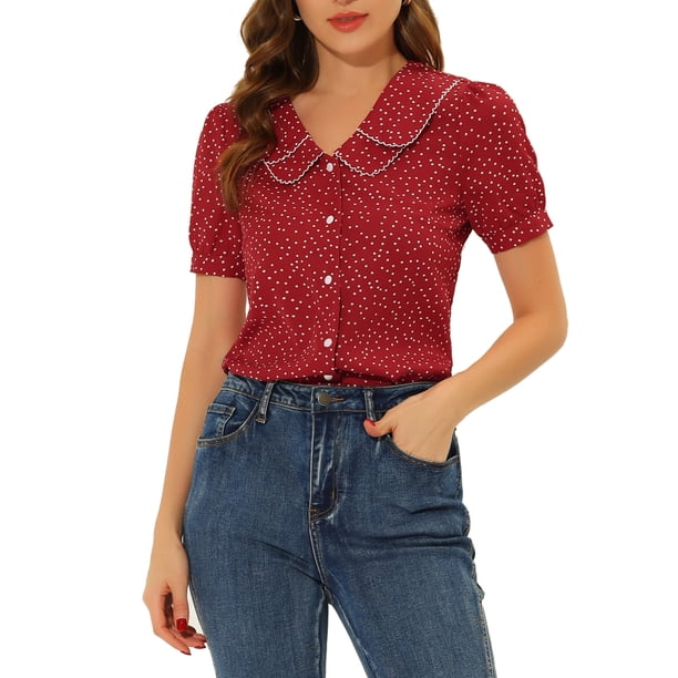INSPIRE CHIC Blusa Vintage de Mujer para Regreso a Clases con Lunares, Cuello Peter Pan, Mangas Cortas Abullonadas, Camisa Roja XS