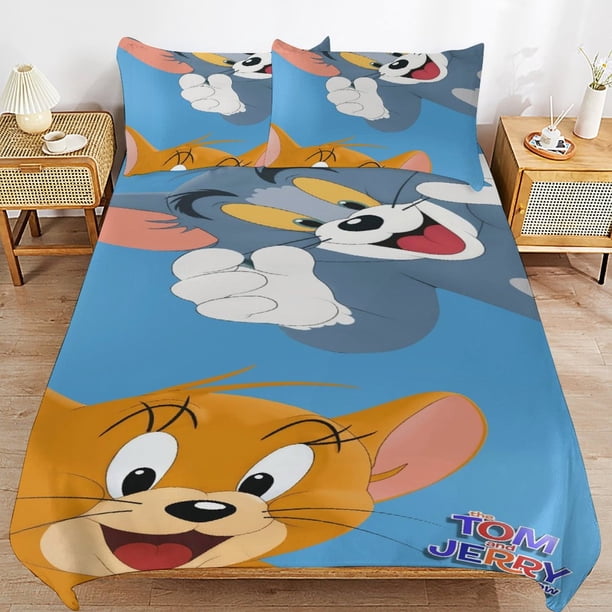 Tom And Jerry Cartoon Bedding Sets Ultra Soft Skin-Friendly Duvet Cover 3 Piece, Cute Comforter Cover Bed Set for Boys Girls Kids