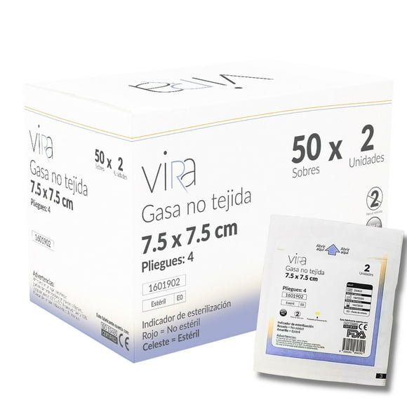 Gasa Estéril No Tejida 7.5x7.5 50 Sobres x 2 (100u) viRa blanco