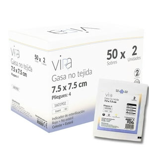 Gasa Estéril No Tejida 7.5X7.5 50 Sobres X 2 (100U) Vira Blanco