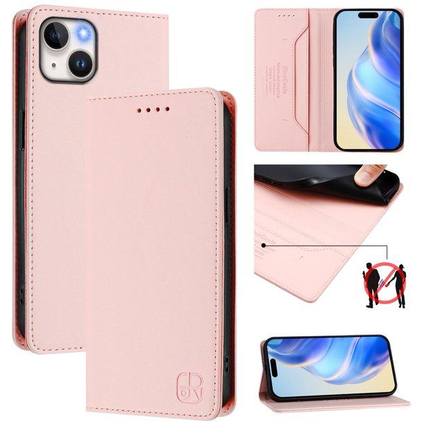 Funda Billetera con Soporte para iPhone 14 Plus Bloqueo RFID Plegable Rosa