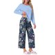 thumbnail image 4 of INSPIRE CHIC Conjunto de Pijama de Manga Larga para Mujer, Conjunto de Descanso Suave y Elástico con Parte Superior Sólida y Pantalones Capri Florales para el Hogar S Azul Profundo, 4 of 6