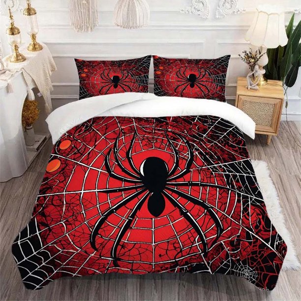 3pcs Black Spider and Intricate Web Red Black Abstract Art Themed Bedding Set Duvet Cover and Pillowcases